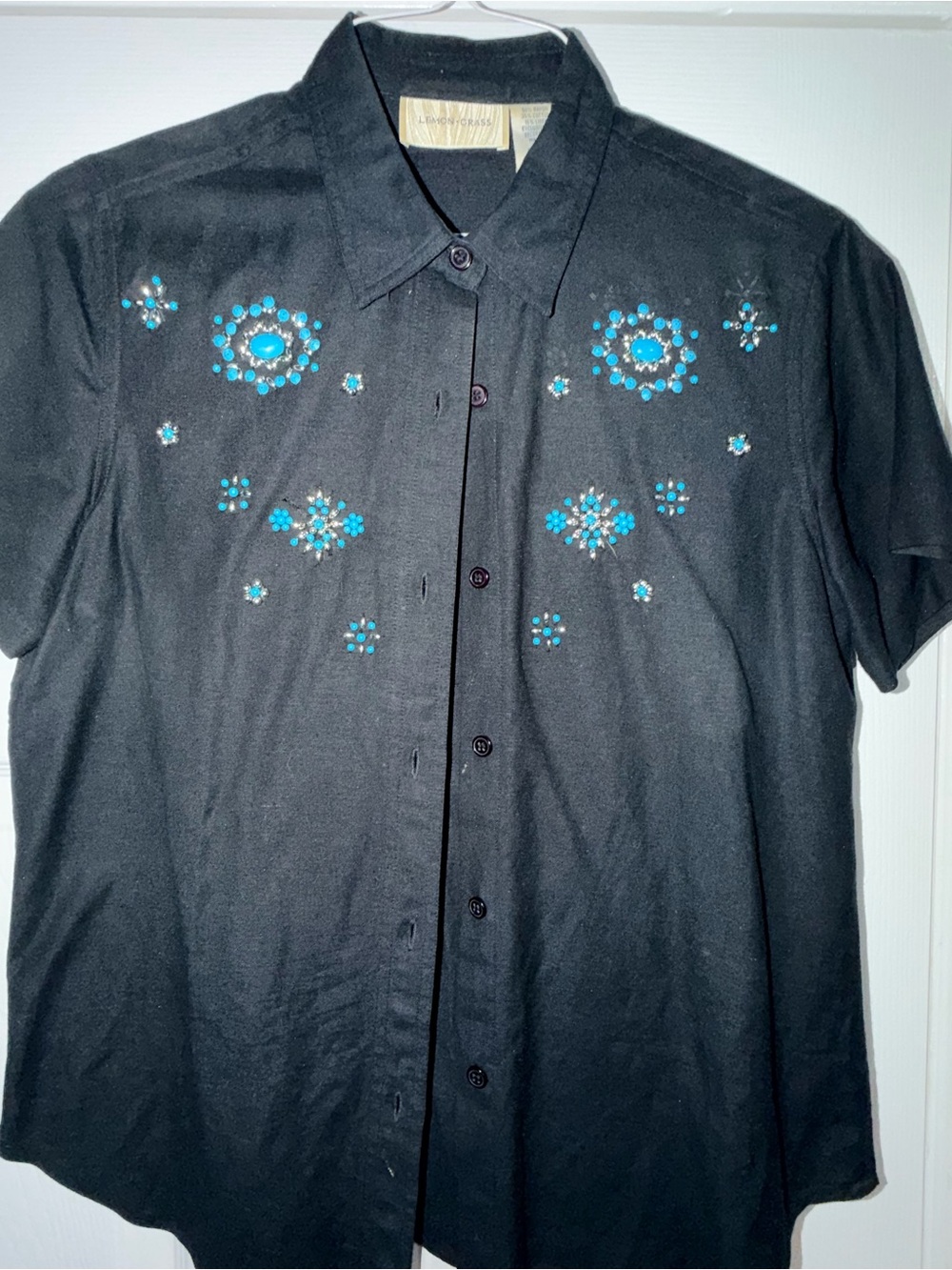 Black Women's Short-Sleeve Blouse with Turquoise Embellishment